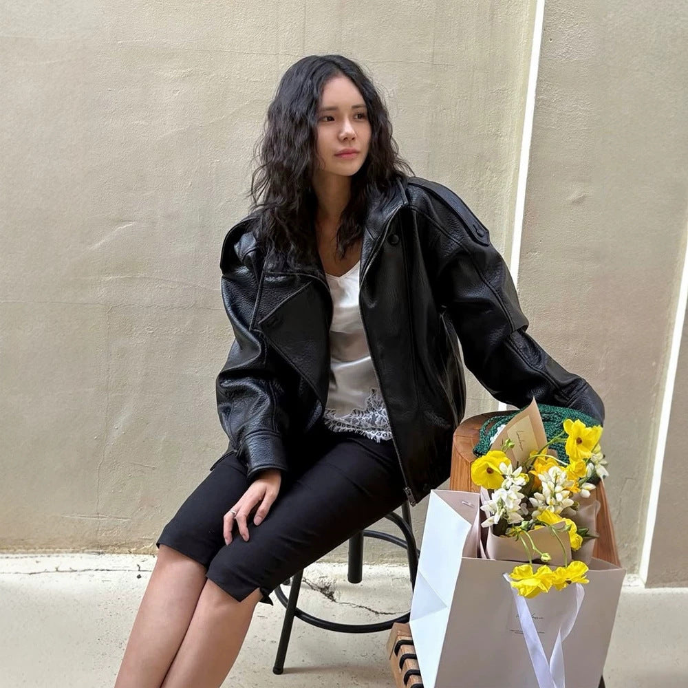 Damen Boxy-Lederimitat-Blouson mit strukturierter Narbung, doppelreihiger Knopfleiste & elastischem Saum Shop Nory