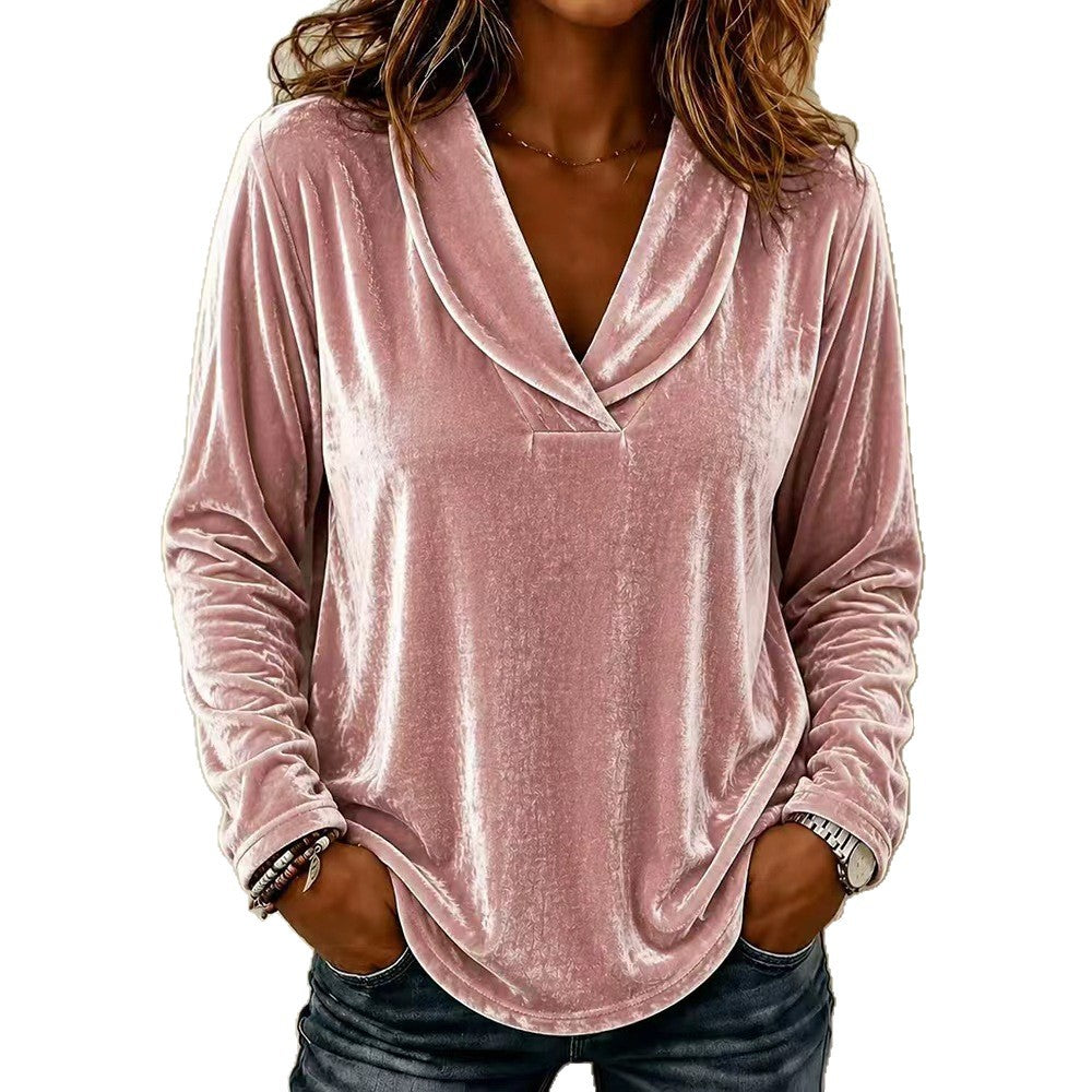 Damen Samt-Longsleeve mit tiefem V-Ausschnitt und lässigem Saum Shop Nory