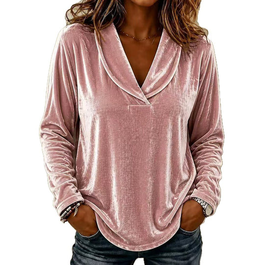 Damen Samt-Longsleeve mit tiefem V-Ausschnitt und lässigem Saum Shop Nory