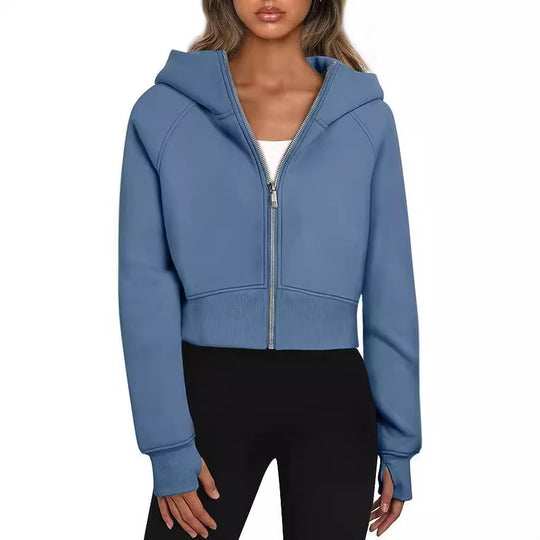 Damen Kurz geschnittener Performance-Kapuzenpullover mit durchgehendem Reißverschluss und Daumenlochbündchen Shop Nory