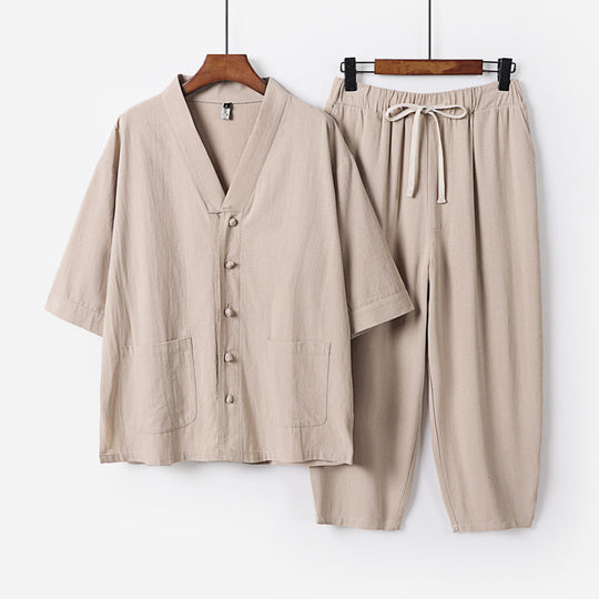 Unisex Leichtes Kimono-Lounge-Set aus Baumwoll-Leinen mit Kurzarmjacke und Kordelbund-Hose Shop Nory
