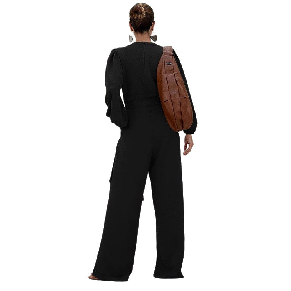 Damen Eleganter Palazzo-Jumpsuit mit tiefem V‑Ausschnitt, Bindegürtel und Ballonärmeln Shop Nory