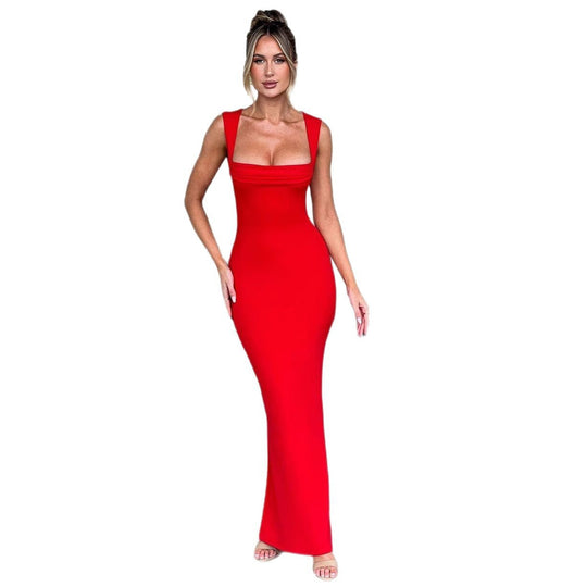 Damen Elegantes figurbetontes Maxikleid mit quadratischem Ausschnitt und tiefem Rücken Shopnory