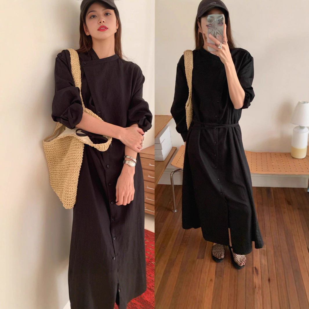 Damen Langes Shirtkleid mit V-Ausschnitt, durchgehender Knopfleiste und Taillengürtel Shop Nory