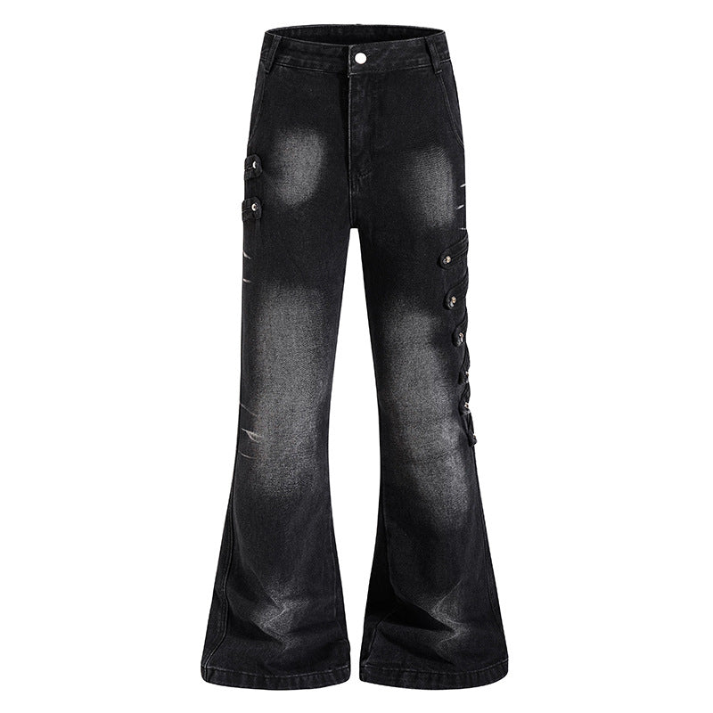 Damen Weite Jeanshose mit Used‑Effekt und seitlichen Zierknopfleisten Shop Nory