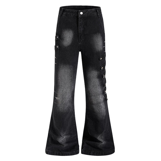 Damen Weite Jeanshose mit Used‑Effekt und seitlichen Zierknopfleisten Shop Nory