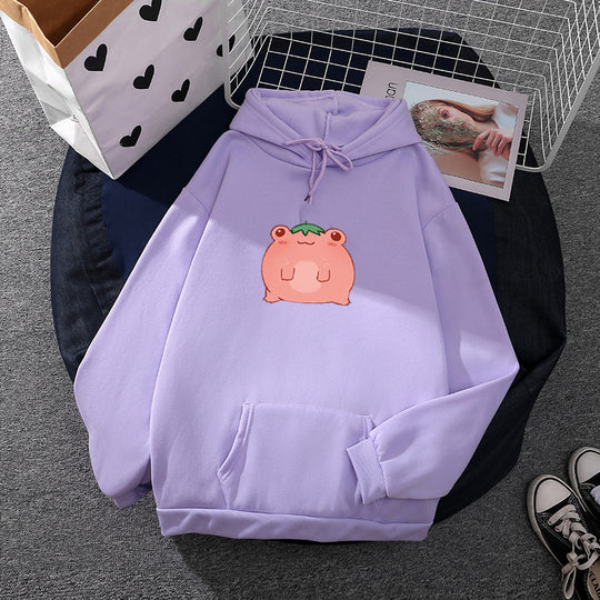 Damen nan oversized Kapuzenpullover aus Microfleece mit Cartoonfrosch-Motiv und Kängurutasche Shop Nory