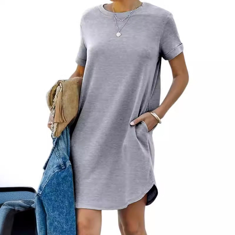 Damen lässiges Freizeitkleid mit Taschen und Rundhalsausschnitt