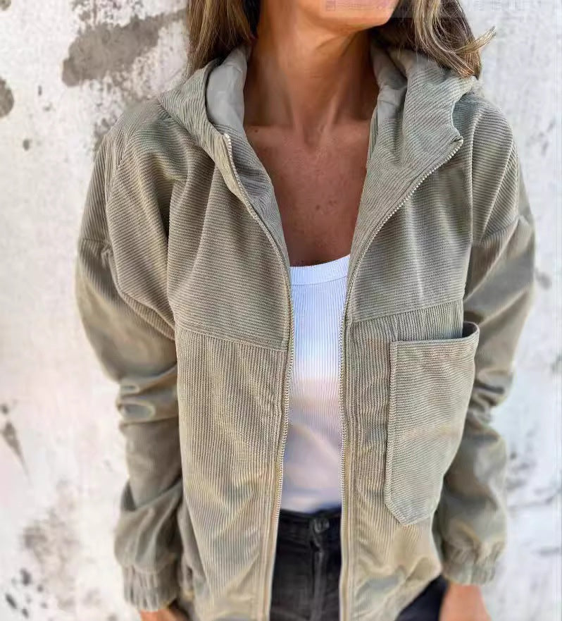 Damen nan Feincord-Übergangsjacke mit Kapuze, Reißverschluss, elastischen Bündchen und seitlichen Eingrifftaschen Shop Nory