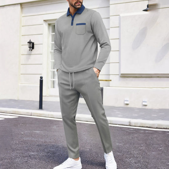 Herren nan Polo-Loungewear-Set mit Kentkragen, Brusttasche und konisch zulaufender Jogginghose Shop Nory