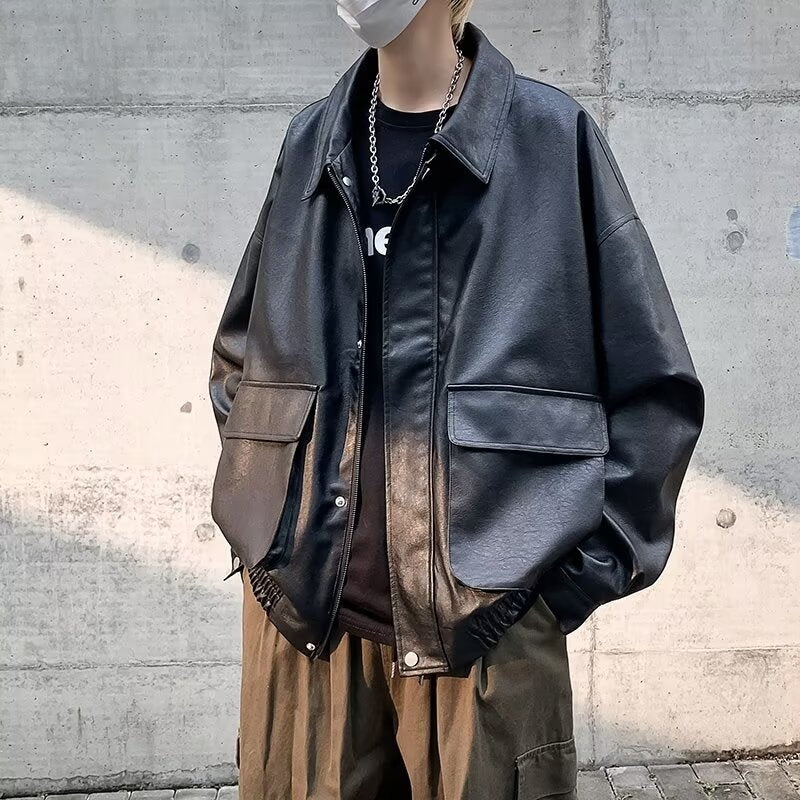 Herren Boxy Overshirt aus Lederoptik mit Hemdkragen und aufgesetzten Brusttaschen Shop Nory