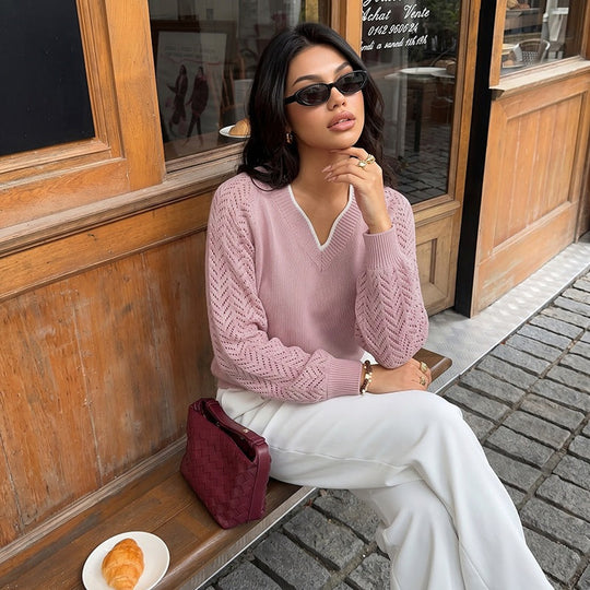 Damen Feinstrickpullover mit tiefem V-Ausschnitt, Ajour‑Ärmeln und geripptem Saum Shop Nory