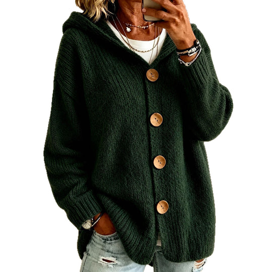 Damen Grobgestrickter Kapuzencardigan mit überlanger Silhouette, Holzknopfleiste und gerippten Bündchen Shop Nory