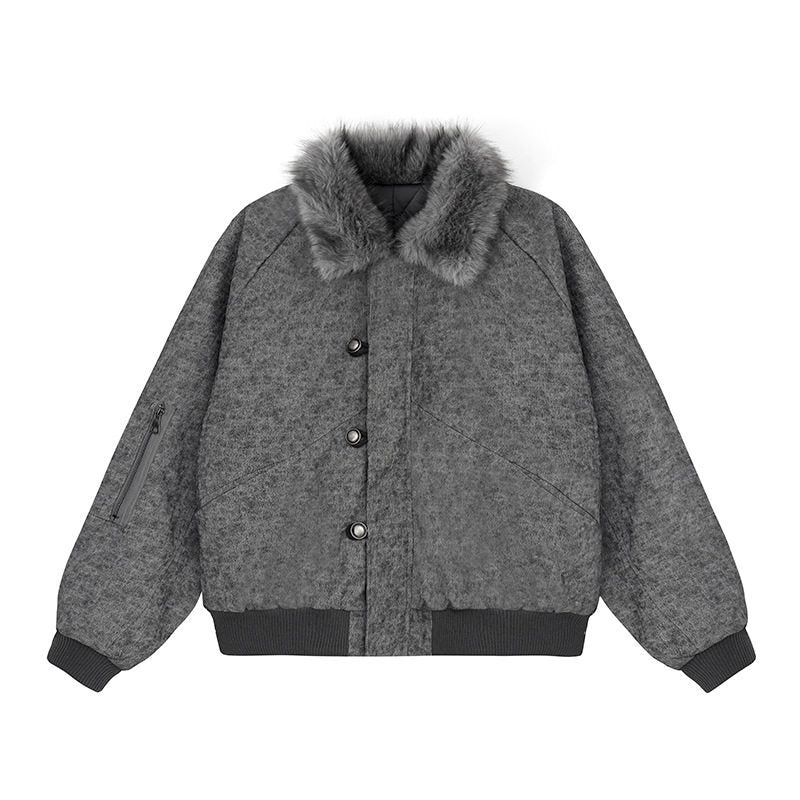 Damen wattierte Bomberjacke mit Kunstfellkragen, oversizeder Silhouette und Ärmel-Reißverschlusstasche Shop Nory