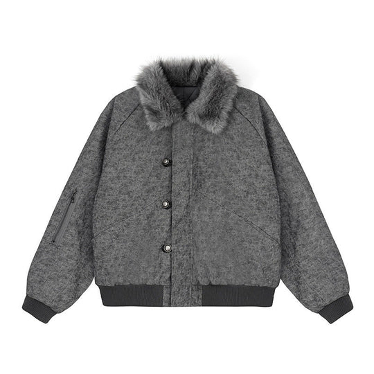 Damen wattierte Bomberjacke mit Kunstfellkragen, oversizeder Silhouette und Ärmel-Reißverschlusstasche Shop Nory