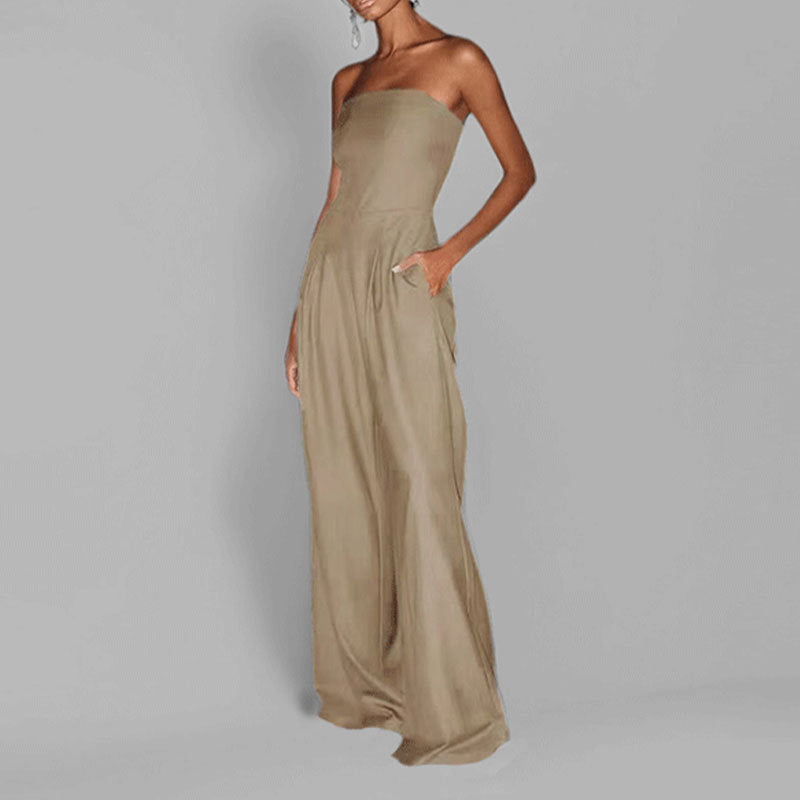 Damen elegantes Maxi-Jumpsuit mit schulterfreiem Design und praktischen Seitentaschen Shopnory