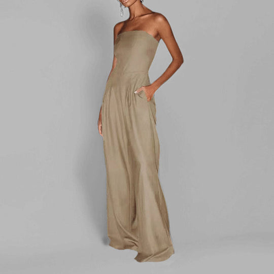 Damen elegantes Maxi-Jumpsuit mit schulterfreiem Design und praktischen Seitentaschen Shopnory