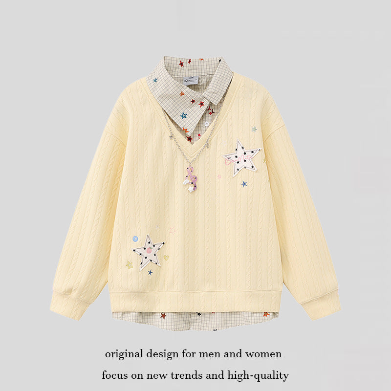 Damen Lagen-Look Strickpullover mit angenähter Hemdblende, Sternapplikationen und Ketten‑Charm Shop Nory