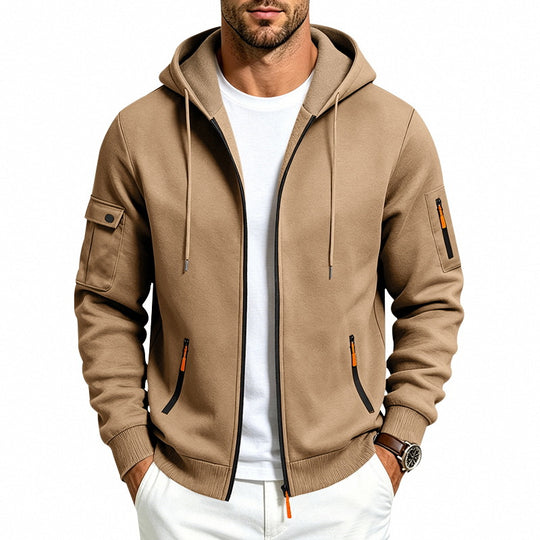 Herren Kapuzen-Reißverschlussjacke mit Ärmeltaschen, Kontrast-Zipper und Rippbündchen Shop Nory