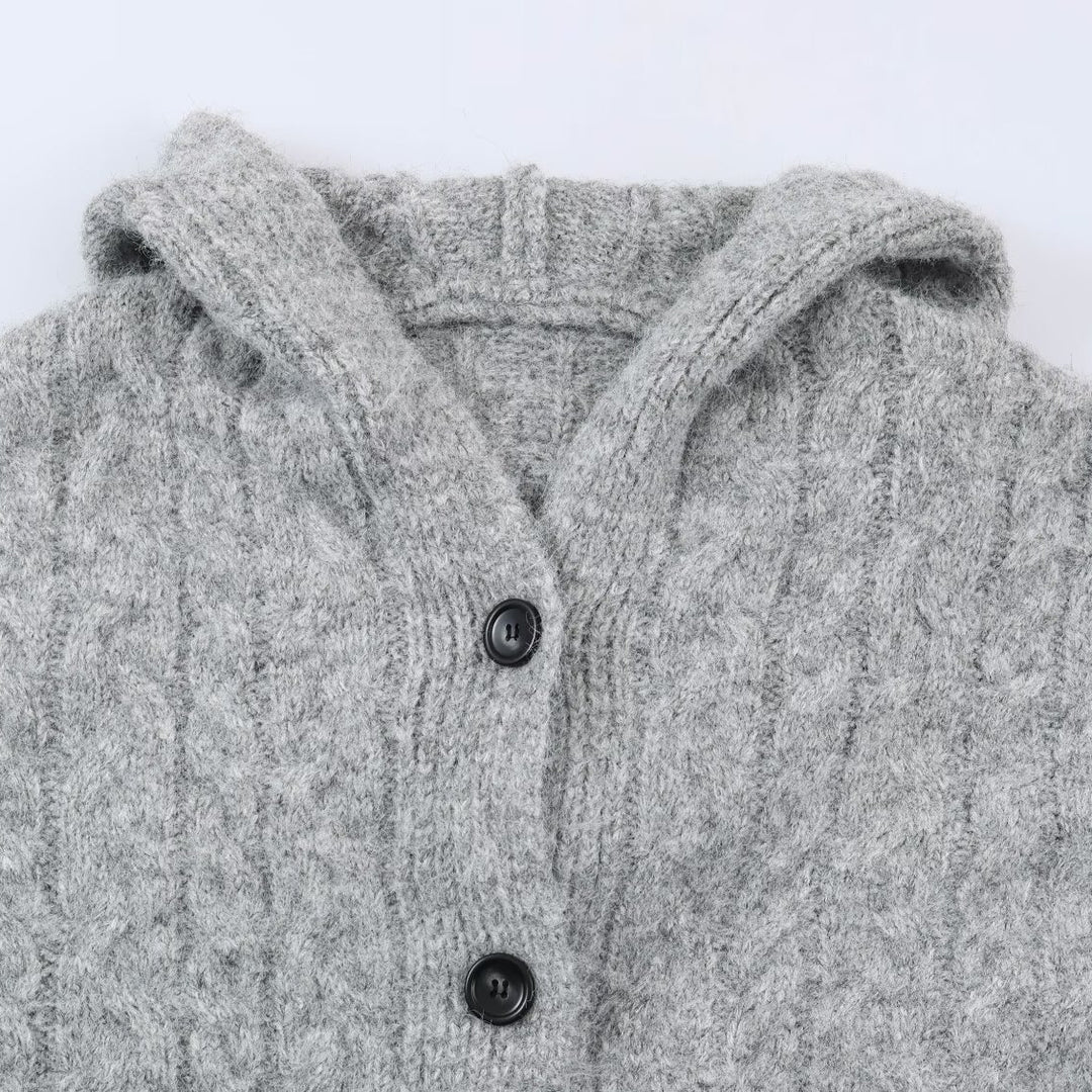 Damen Langgestrickter Kapuzen-Cardigan mit Zopfmuster und Knopfleiste Shop Nory