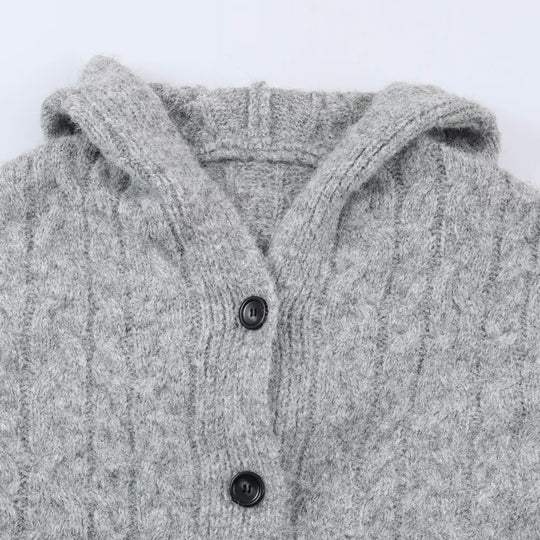 Damen Langgestrickter Kapuzen-Cardigan mit Zopfmuster und Knopfleiste Shop Nory