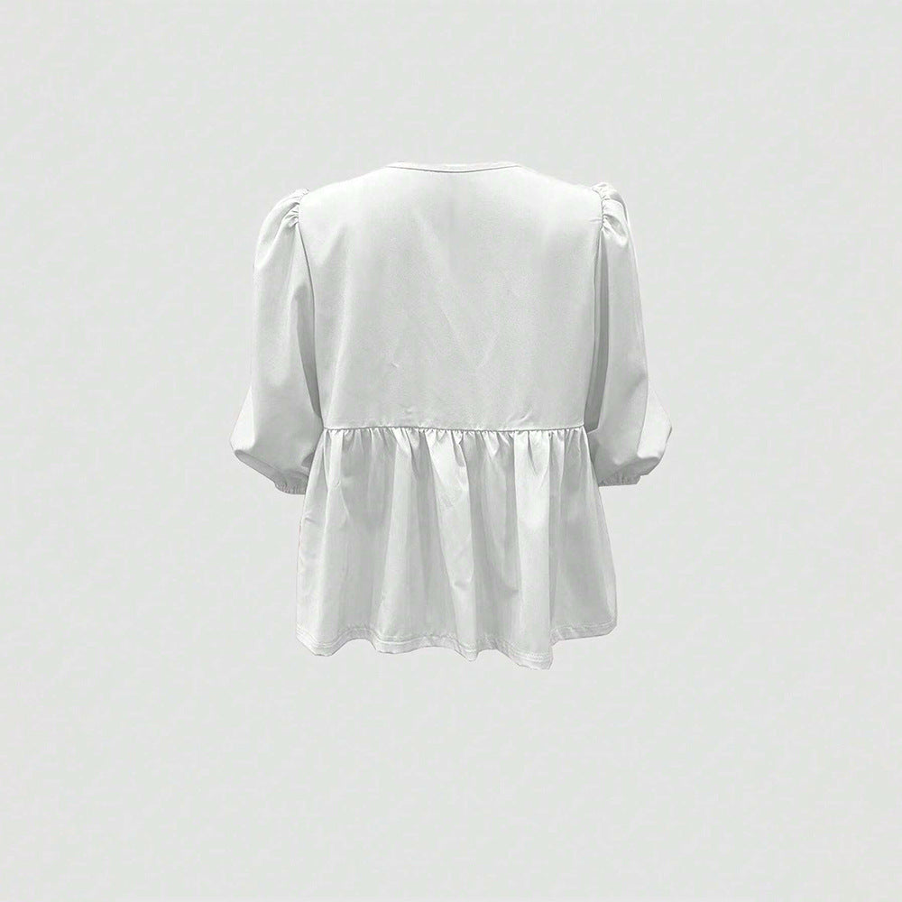 Damen lockere Volant-Peasantbluse mit Schnürdetail, dreiviertel Ballonärmeln und geraffter Empirenaht Shop Nory