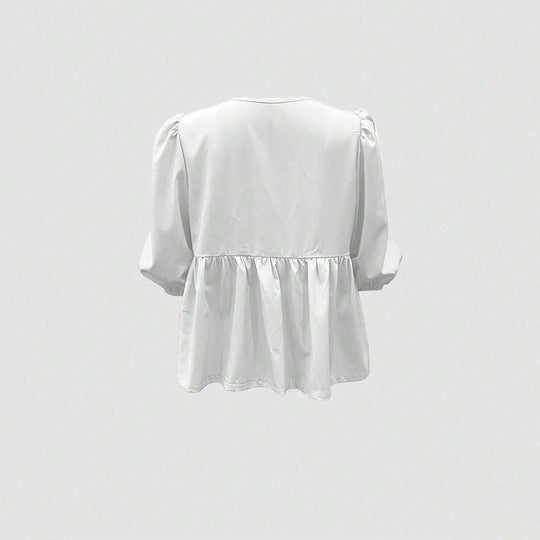 Damen lockere Volant-Peasantbluse mit Schnürdetail, dreiviertel Ballonärmeln und geraffter Empirenaht Shop Nory
