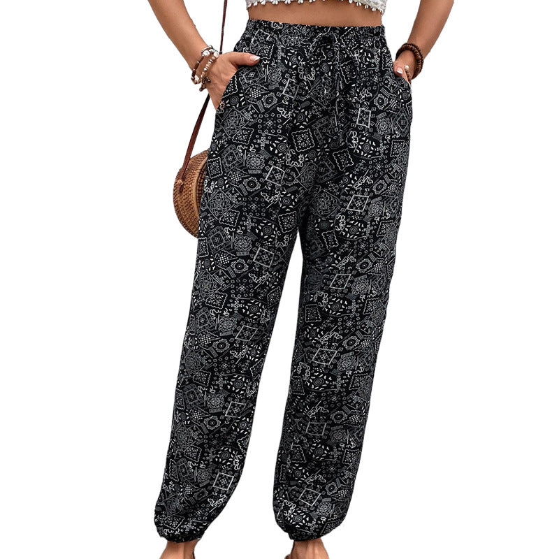 Damen Boho-Haremshose mit elastischem Taillenbund, Kordelzug und Seitentaschen Shop Nory