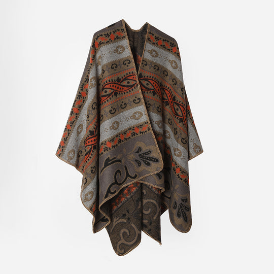 Damen Gewebter Ornament-Poncho im Rechteckschnitt mit feiner Kettelung Shop Nory