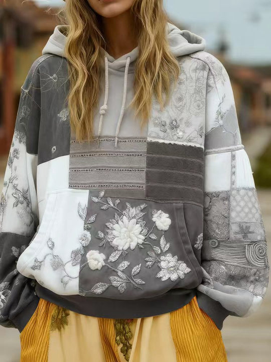 Damen Bestickter Patchwork-Kapuzenpullover mit Blumenapplikation und Kängurutasche Shop Nory