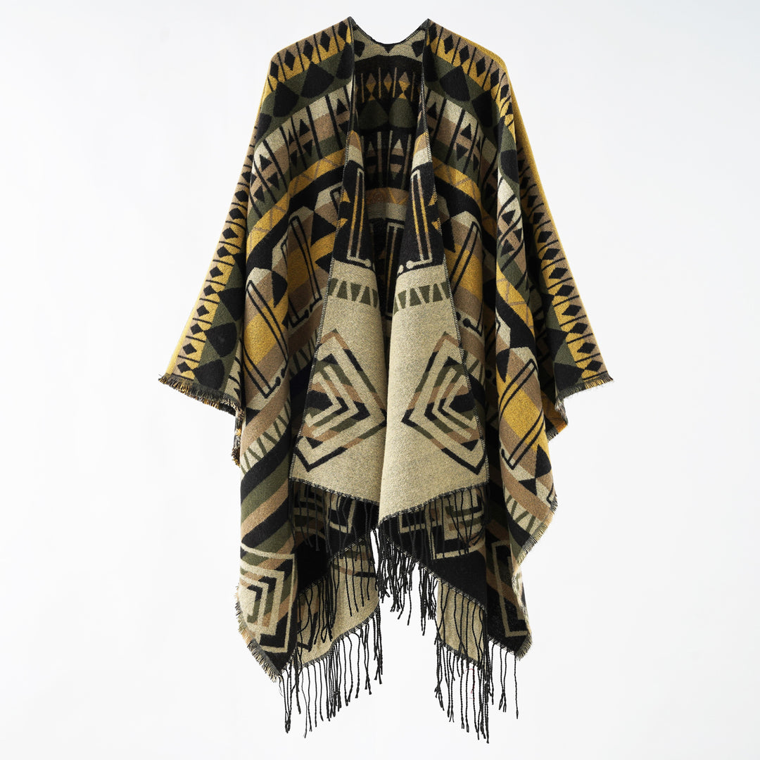 Damen Gewebter Fransenponcho mit Ethno-Jacquard und Oversize-Fall Shop Nory