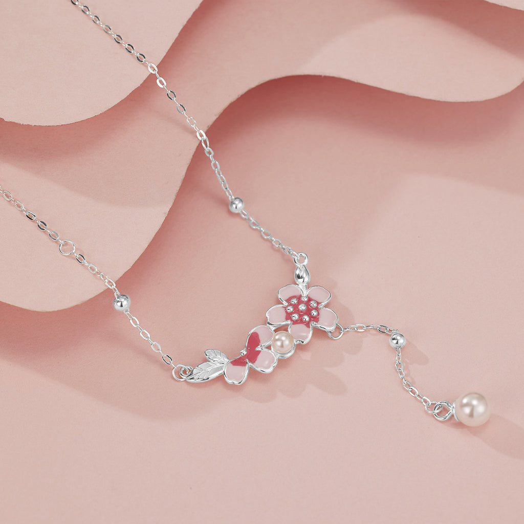 Damen filigrane Halskette mit floralen Anhängern und eleganter Perlenverzierung Shop Nory