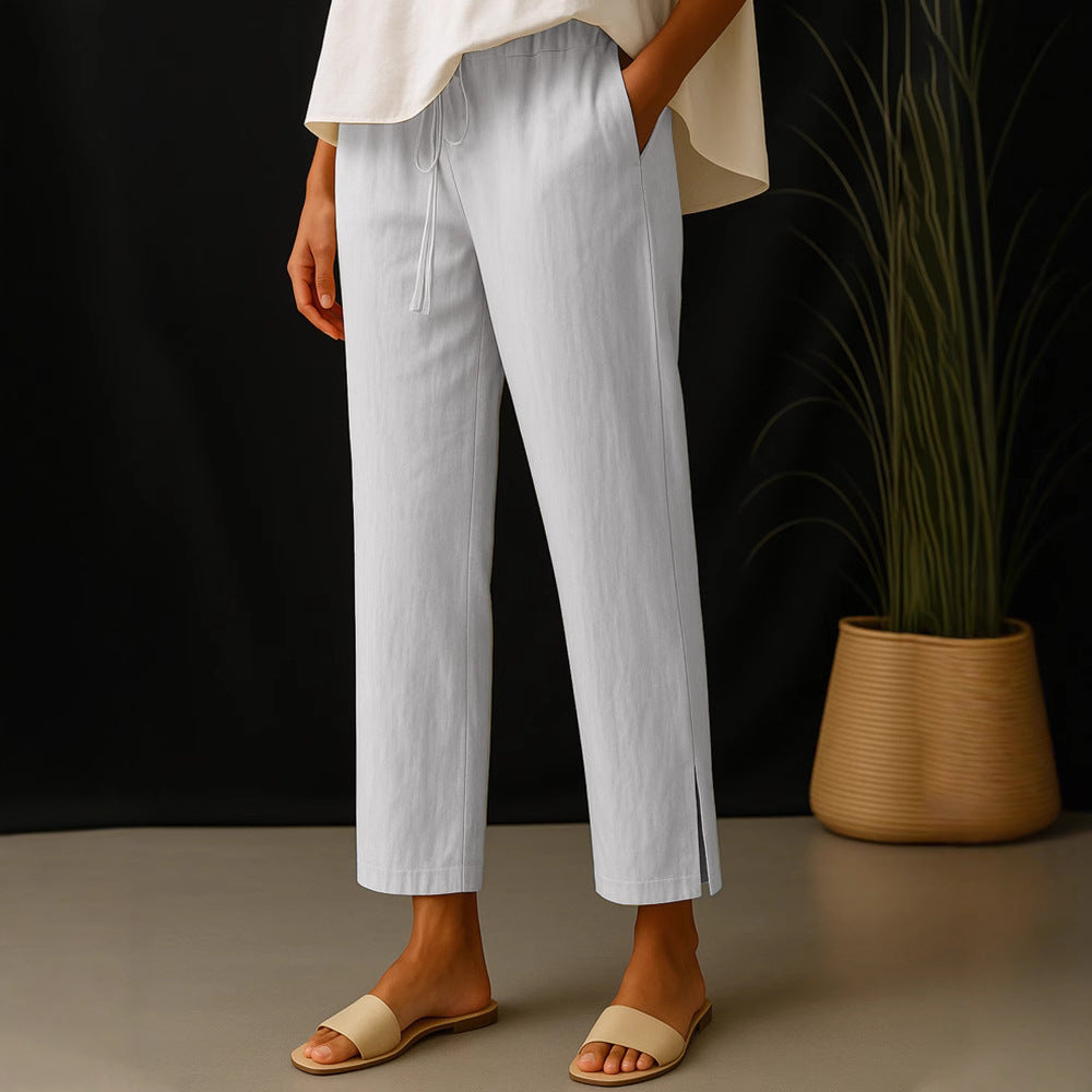 Damen Casual-Chino Leinenoptik Culotte mit elastischem Tunnelzugbund und Eingrifftaschen Shop Nory