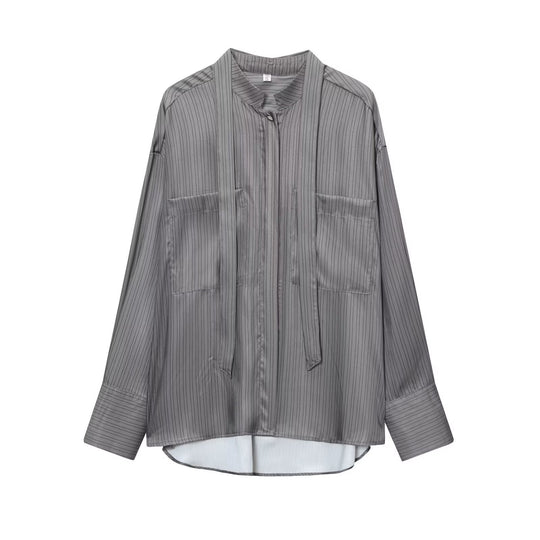 Damen Oversize Seidenähnliche Bluse mit Schluppe und Brusttaschen Shop Nory