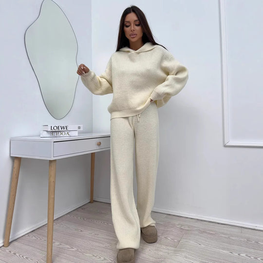 Damen elegantes kaschmirähnliches Strick-Set mit asymmetrischem Wasserfallkragen und fließender Palazzo-Strickhose Shop Nory