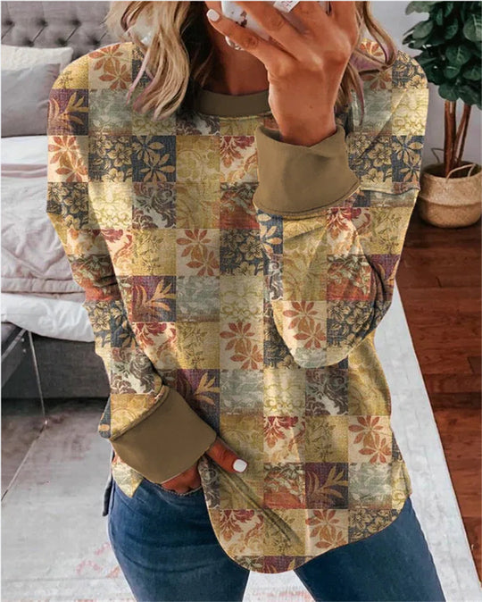 Damen Langarmshirt im Patchwork-Quilt-Design mit weichem Rundhalsausschnitt und kontrastierenden Bündchen Shop Nory