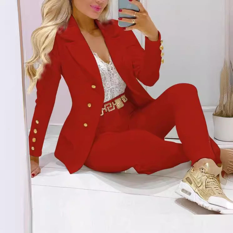 Damen nan tailliertes Doppelreiher-Blazer-Set mit goldknopf-Detail und hochtaillierter Slimhose Shop Nory