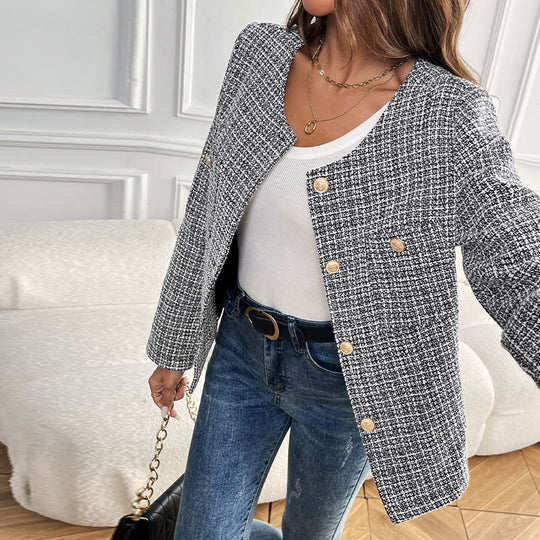 Damen Bouclé-Tweed-Blazer mit Rundhalsausschnitt, goldenen Zierknöpfen und kastiger Silhouette Shop Nory