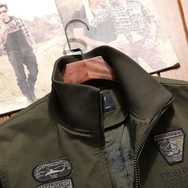 Herren Canvas-Pilotenblouson mit Stickpatches, Mehrfachtaschen und Rippenbündchen Shop Nory