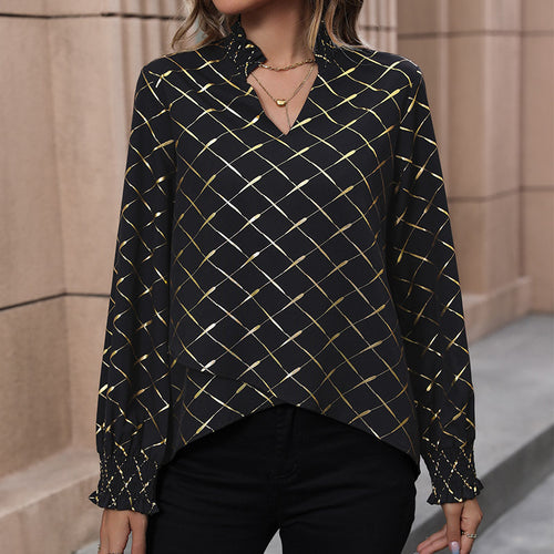 Damen Elegante Bluse mit geometrischem Muster und Rüschen Shop Nory
