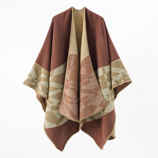 Damen Großer Strickponcho im Cape‑Schnitt mit Ziernaht und geometrischem Intarsia Shop Nory