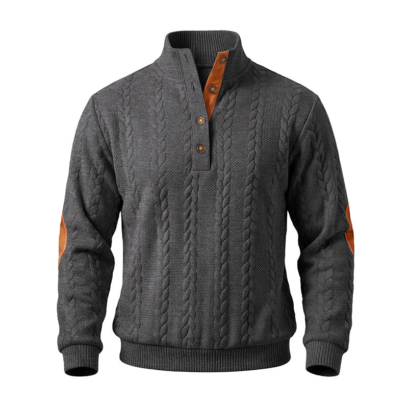 Herren Troyer-Pullover mit Zopfmuster, Ellbogen‑Patches und kontrastierter Knopfleiste Shop Nory