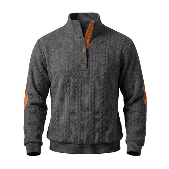 Herren Troyer-Pullover mit Zopfmuster, Ellbogen‑Patches und kontrastierter Knopfleiste Shop Nory