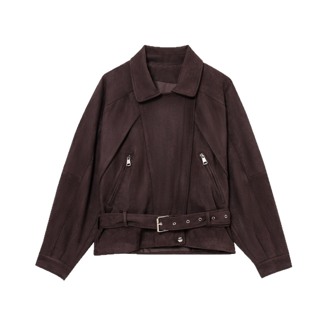 Damen Kurze Wildlederoptik-Trenchjacke mit Taillengürtel und Reißverschluss-Details Shop Nory