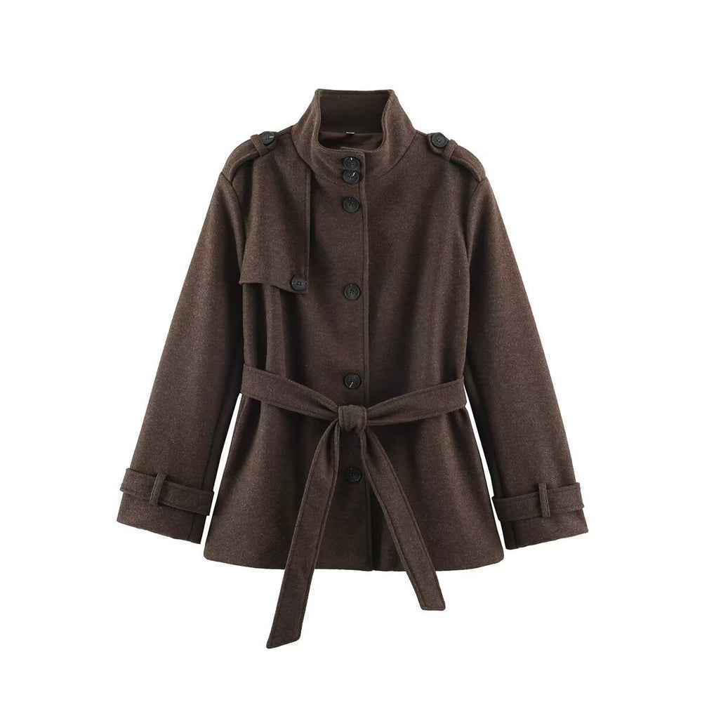 Damen Kurzmantel aus Wollmix mit Stehkragen, Schulterpatten und Bindegürtel Shop Nory