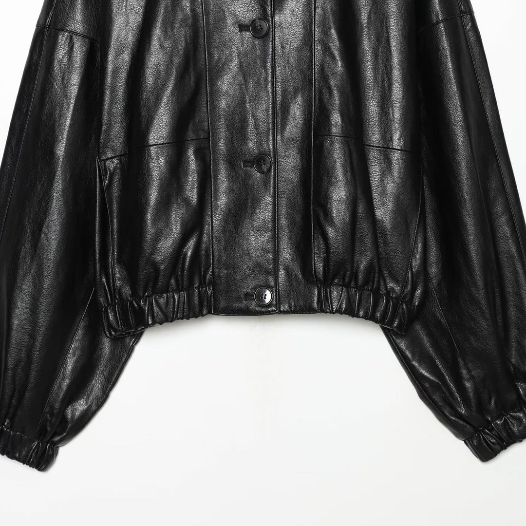 Damen Kurze Kunstleder‑Bomberjacke mit hohem Funnelkragen und elastischem Saum Shop Nory