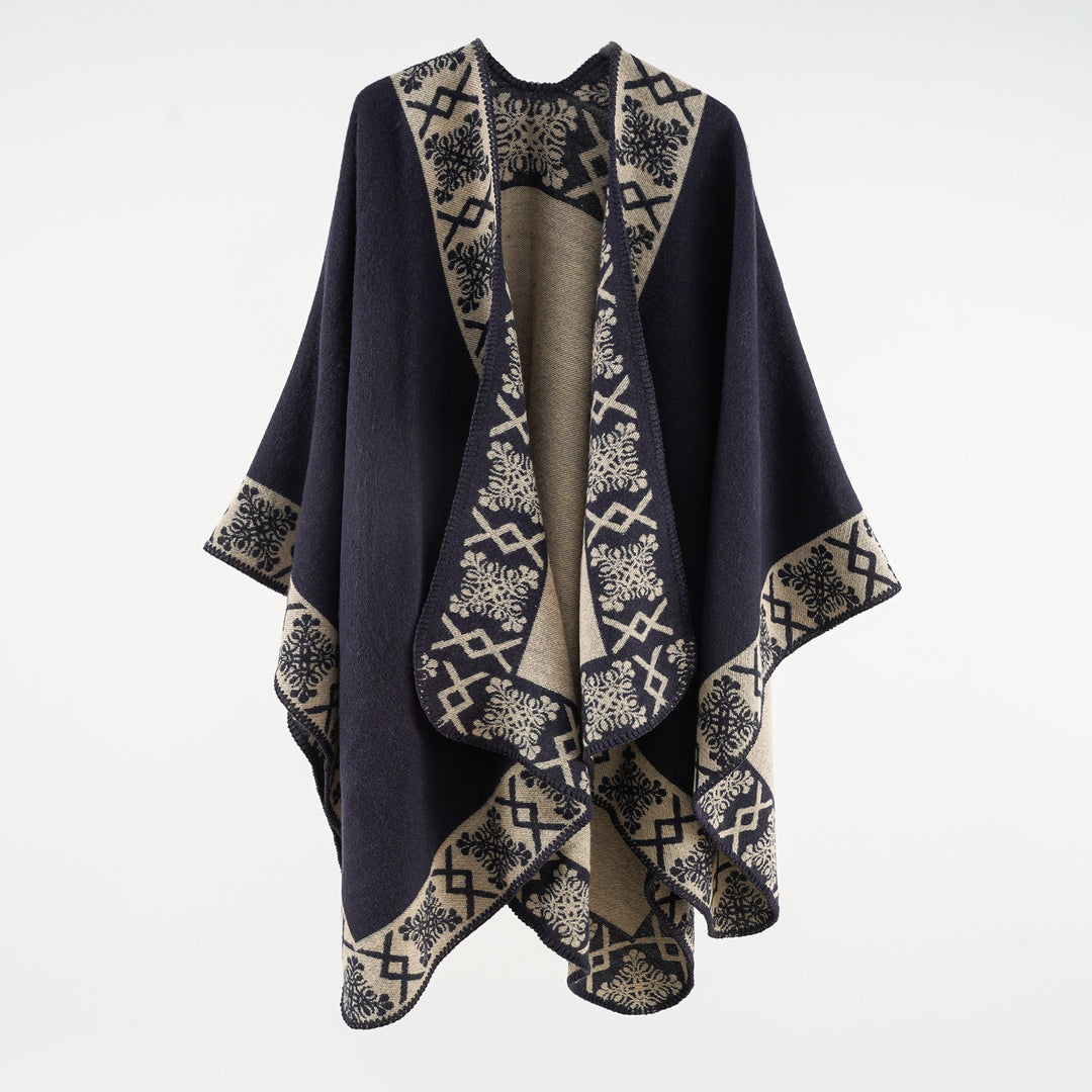Damen Oversize-Umhangponcho aus Wollmix mit gewebter Bordüren-Jacquard und Zierkettelnaht Shop Nory