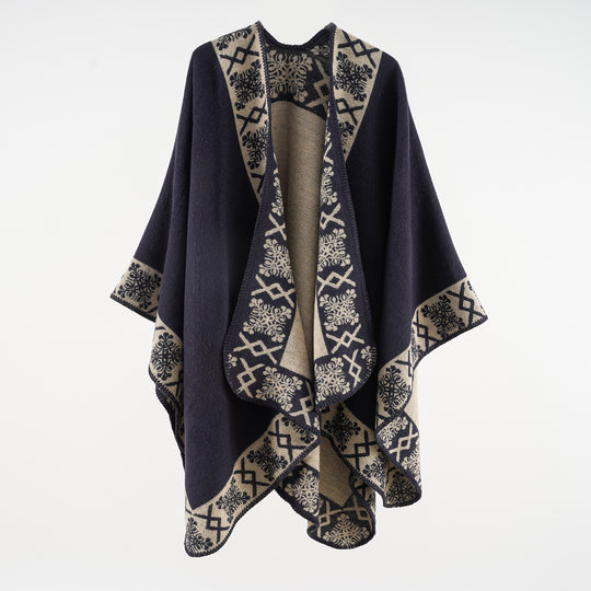 Damen Oversize-Umhangponcho aus Wollmix mit gewebter Bordüren-Jacquard und Zierkettelnaht Shop Nory