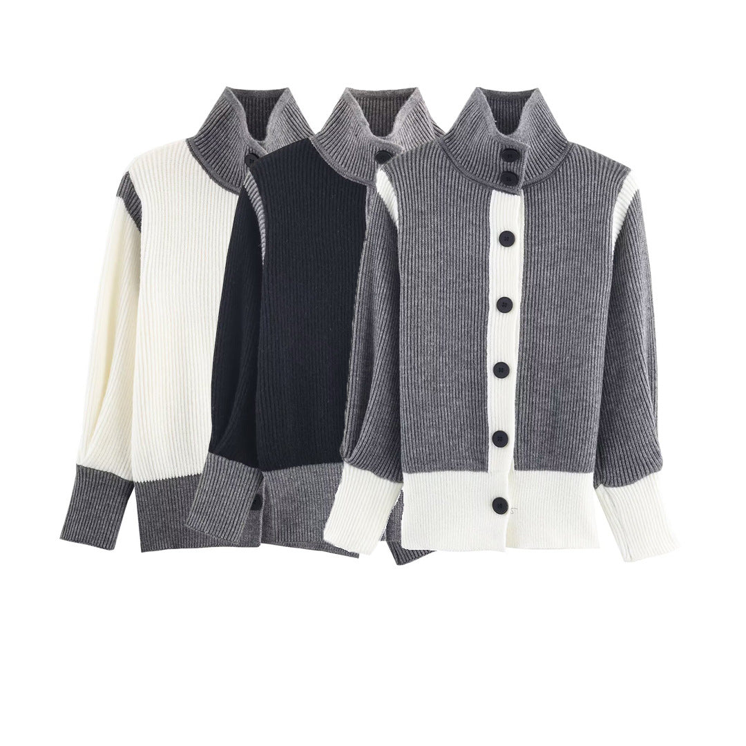 Damen Oversize Rippstrick-Cardigan mit hohem Kragen, Kontrastblende und Knopfleiste Shop Nory