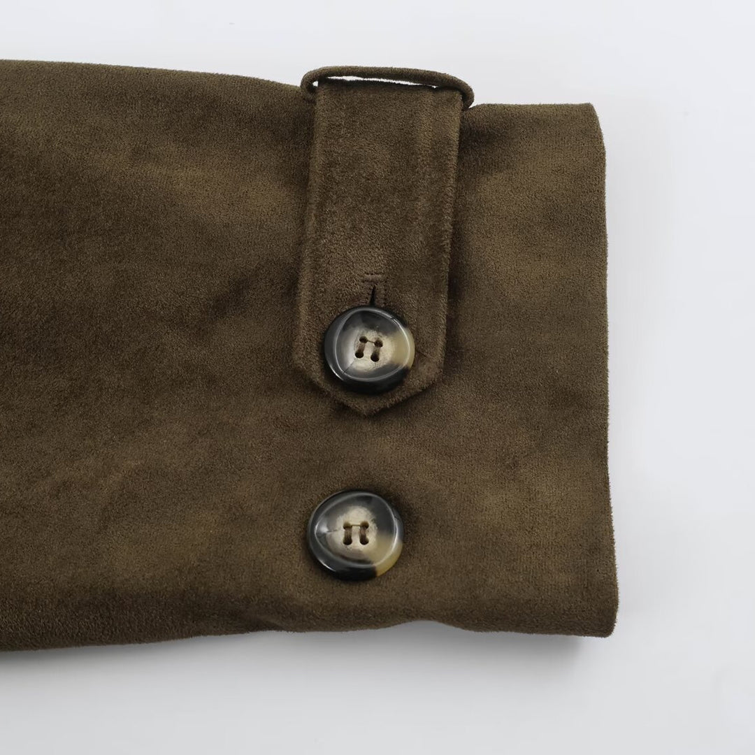 Damen Kurzgeschnittener Doppelreihiger Wildlederoptik-Bomber mit Stehkragen und Schulterpatten Shop Nory